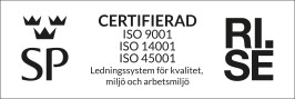 Logotyp för certifiering enligt ISO 9001, 14001 och 45001 - Ledningssystem för kvalitet miljö och ledningssystem